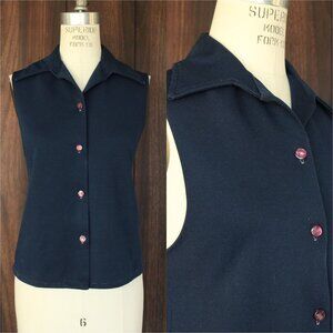 Vintage 1970s Shirt, Dagger Collar Navy Blue Button Down Poly Blouse, Sleeveless